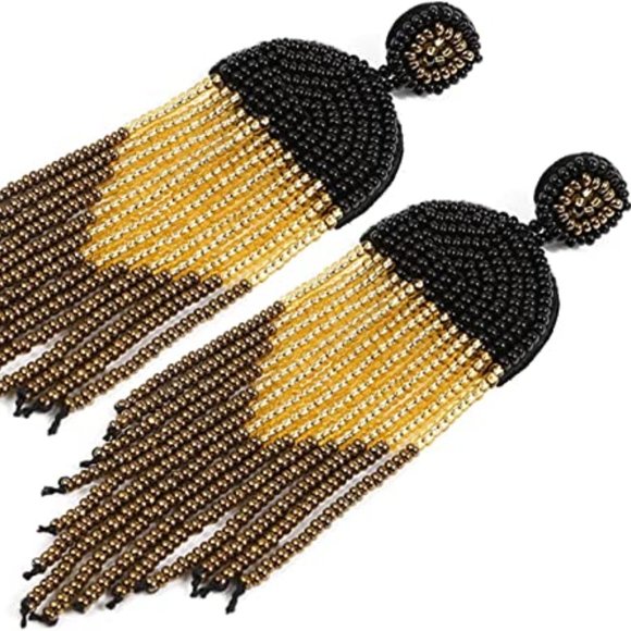 Long 4.5" Modern Art Deco Oversized Post Earrings Black Tan Gold New Tassel Boho - Picture 8 of 9